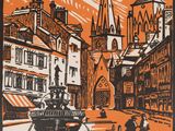 un dessin orange et noir représentant une ville avec une fontaine