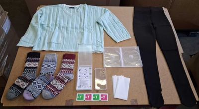 a box with socks, socks, a sweater, and a pair of socks