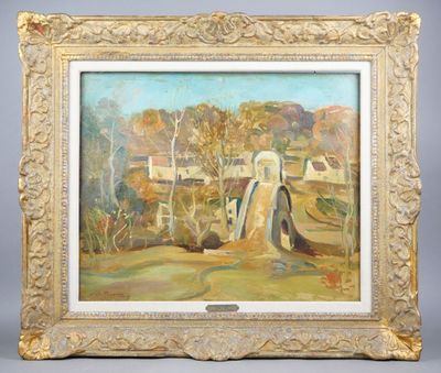 une peinture à l'huile représentant un village avec un pont enjambant une rivière