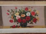 une peinture de roses dans un vase sur une table