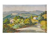 a painting of a country road with houses and hills in the background