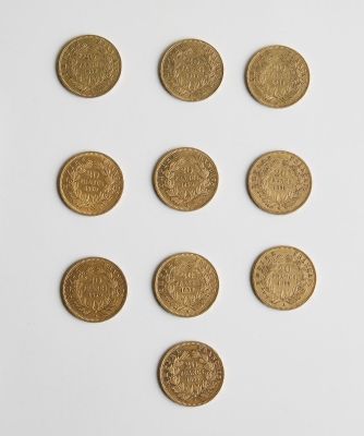 10 Lot de 10 pièces de 20 francs or Napoléon III - Atelier A…