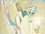 a painting on the wall of a kitchen with utensils in a vase
