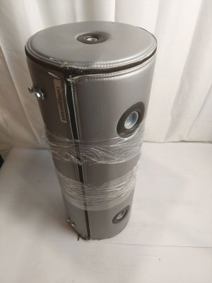 a silver trash can wrapped in plastic and sitting on a white surface