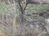 a painting of a stream running through a grassy field