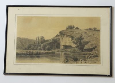 peinture représentant un château perché au sommet d'une colline, près d'un plan d'eau