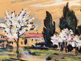 painting of a landscape with trees and a house in the distance
