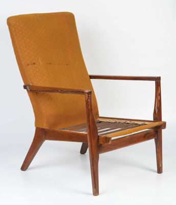 an image of a chair with a wooden frame and a yellow upholstered seat
