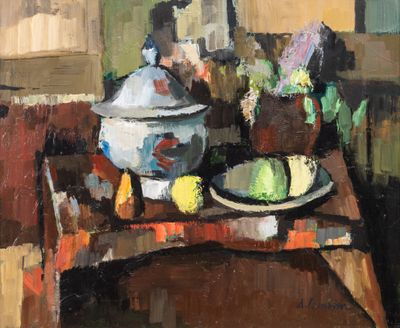 a painting of a bowl of fruit and a bowl of flowers on a table