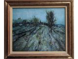 an oil painting of a field with a lone tree in the distance