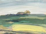une peinture à l'huile représentant un champ vert avec une maison au loin