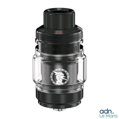 a close up of a black and clear tank with a logo on it