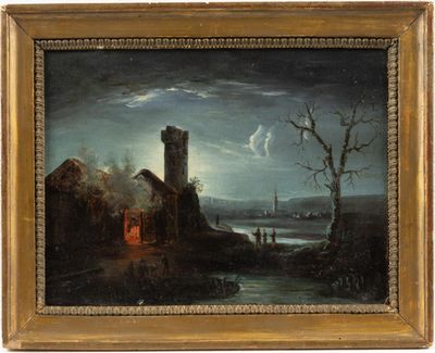 une peinture à l'huile d'un paysage avec un château au loin