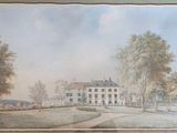 painting of a large house in a park with trees and a path