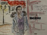 drawing of a woman walking down a street with a red umbrella