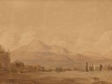 painting of a landscape with mountains in the distance and trees in the foreground