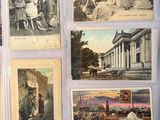 several old postcards of people and buildings on a black surface