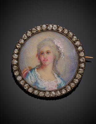 un portrait ancien représentant une femme vêtue d'une robe bleue et coiffée d'un chapeau blanc