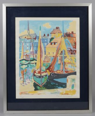 peinture de bateaux dans un port avec des bâtiments en arrière-plan