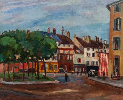 painting of a street scene with buildings and a flag on a pole