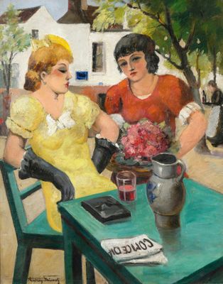 painting of two women sitting at a table with a vase of flowers