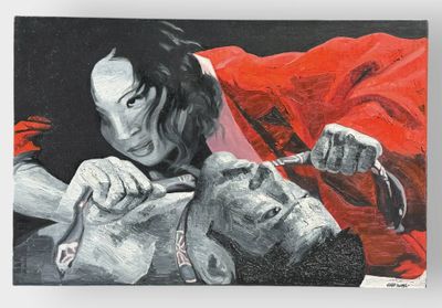 un tableau représentant un homme tenant un couteau à côté d'une femme en robe rouge
