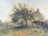 une image représentant un tableau illustrant une scène de vie à la ferme avec une calèche tirée par un cheval