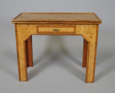 a small wooden table with a drawer on top of it