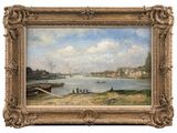 an image of a painting of a river scene with boats on the water