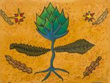 peinture représentant une plante avec des feuilles et des fleurs sur fond jaune