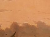 a painting of boats in a body of water with a sky in the background