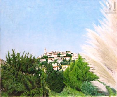 a painting of a view of a town from a distance