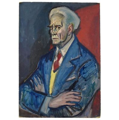 une image représentant un tableau d'un homme en costume bleu et cravate rouge