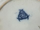a blue and white plate with a design on it
