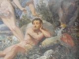 a painting of a man and a woman sitting on a rock