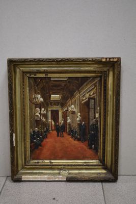 an oil painting of a room with a red carpet and a painting of a man in a suit