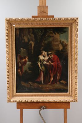 painting on easel of a painting of a woman and a man in a landscape