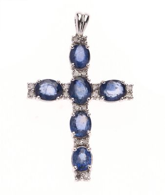 CROIX latine en or gris 750 °/°° sertie de six saphirs de fo…