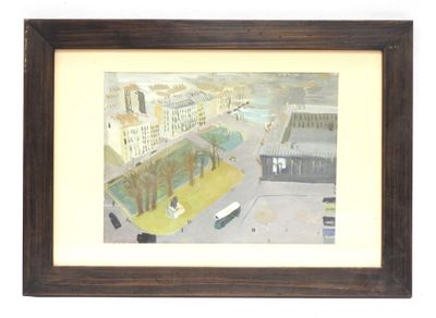 framed picture of a painting of a city scene with a bus