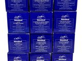 a stack of six blue boxes with a logo on them
