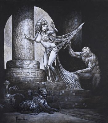 an image of a painting of a woman holding a sword next to a man