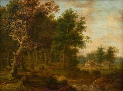 une image représentant un tableau représentant un paysage boisé avec des vaches qui paissent