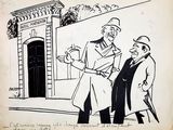 drawing of two men standing outside of a building talking to each other