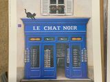 a picture of a blue store front with a cat on the door