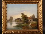 a painting of a river scene with a house in the distance