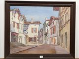 a painting of a street with buildings on it