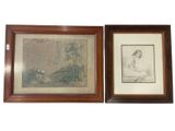 two framed pictures of a woman sitting on a bench in front of a river