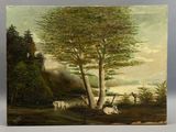 peinture représentant un paysage avec du bétail et des arbres dans une zone boisée