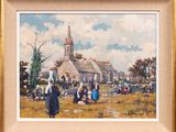 painting of a group of people in a field with a church in the background