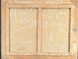 painting of an old window with writing on it in a room